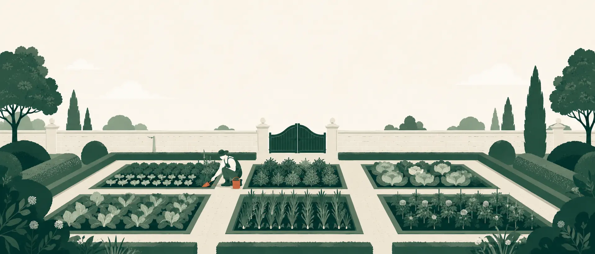 A walled kitchen garden with neat planting beds, tended by a single gardener
