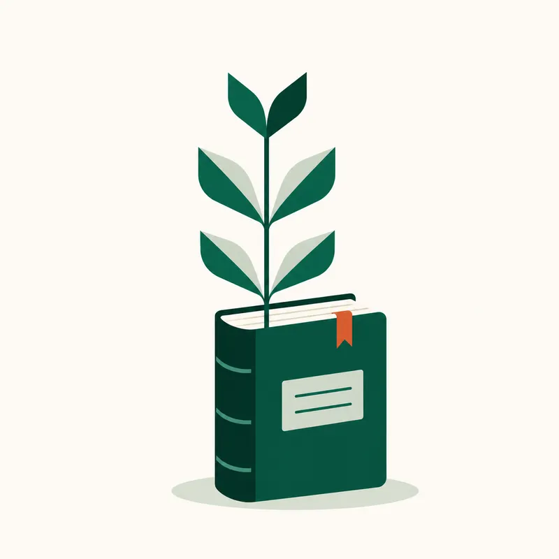 A ledger book with leaves growing from its spine