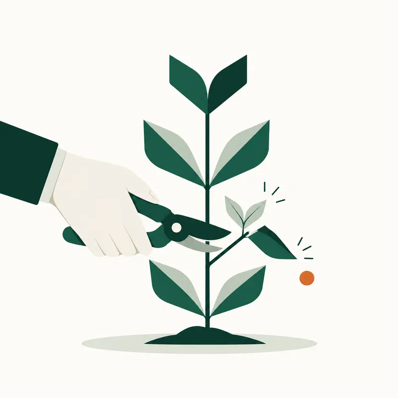 A gardener's hand pruning a plant whose leaf regrows